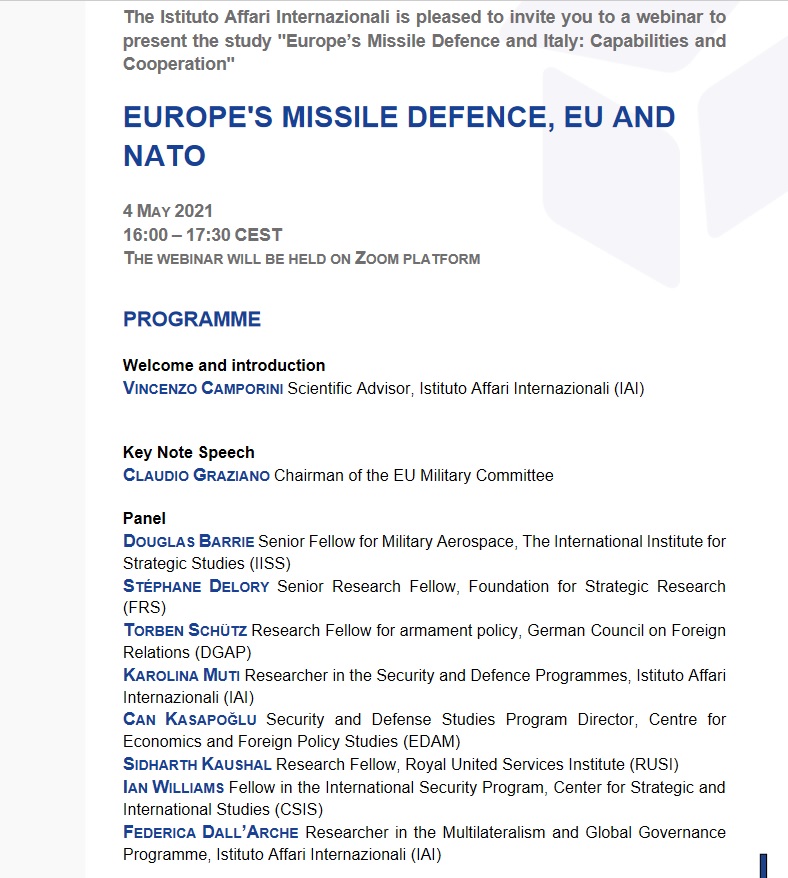 #PESCO project TWISTER to help #EU members to improve #space based early warning for missile #defence within #NATO framework: a good example of EU-NATO cooperation? @ChairmanEUMC will introduce tomorrow webinar,registration still open: bit.ly/3tfjuT5 @EUDefenceAgency