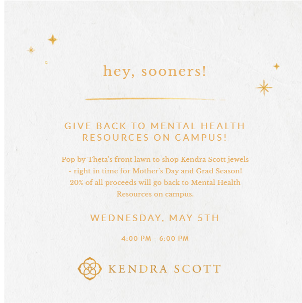 OU Health Services (@goddardhealthou) on Twitter photo Later on Wednesday, <a href="/KendraScott/">kendrascott</a> will be at <a href="/OUTheta/">OU Kappa Alpha Theta</a> with a pop-up shop for Mother's Day and Graduation shopping. 20% of proceeds will go to #suicideprevention through <a href="/OU_Counseling/">OU Counseling Center</a> 🖤 We are so grateful for their generosity & support. Later on Wednesday, <a href="/KendraScott/">kendrascott</a> will be at <a href="/OUTheta/">OU Kappa Alpha Theta</a> with a pop-up shop for Mother's Day and Graduation shopping. 20% of proceeds will go to #suicideprevention through <a href="/OU_Counseling/">OU Counseling Center</a> 🖤 We are so grateful for their generosity & support.