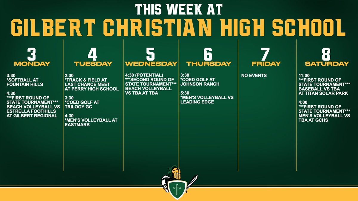 This week's events for @GCHS_AthDept. Go Knights! #ArmorUp