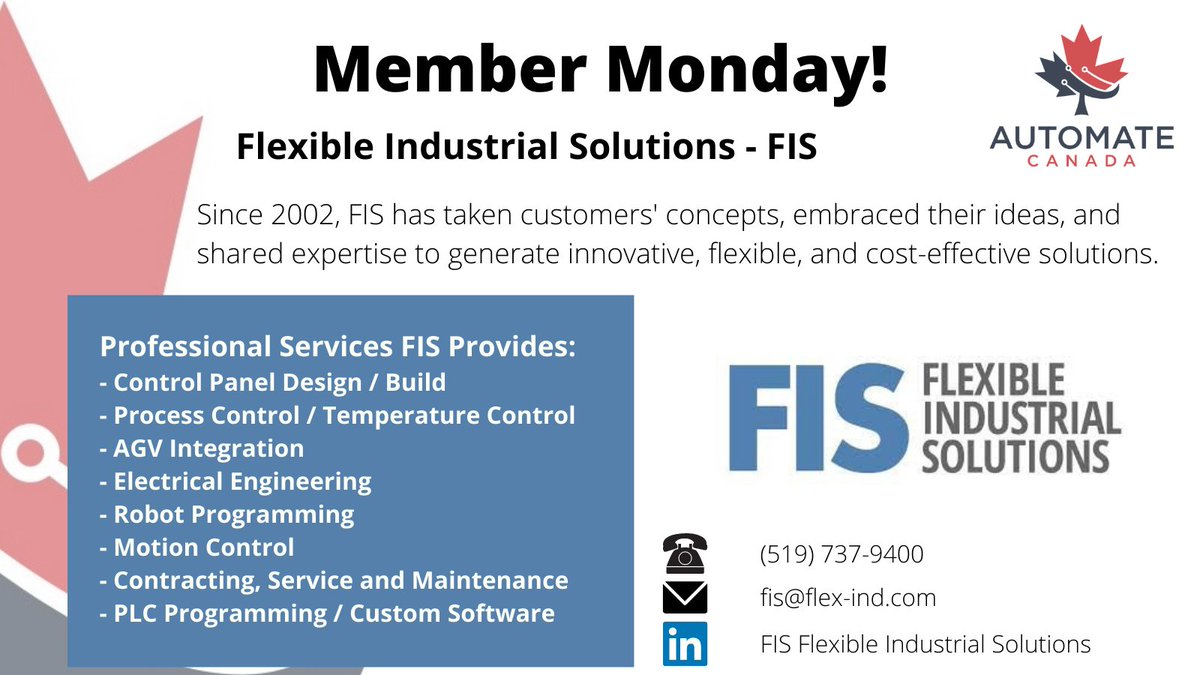 AutomateCanada's tweet photo. Happy Member Monday!

Since 2002, FIS has taken customers' concepts, embraced their ideas, and shared expertise to generate innovative, flexible, and cost-effective solutions.

For more information check out their website:
https://t.co/DRJ1fthLkq

@CMoldmakers #automatecanada https://t.co/uEA6OOAJw9