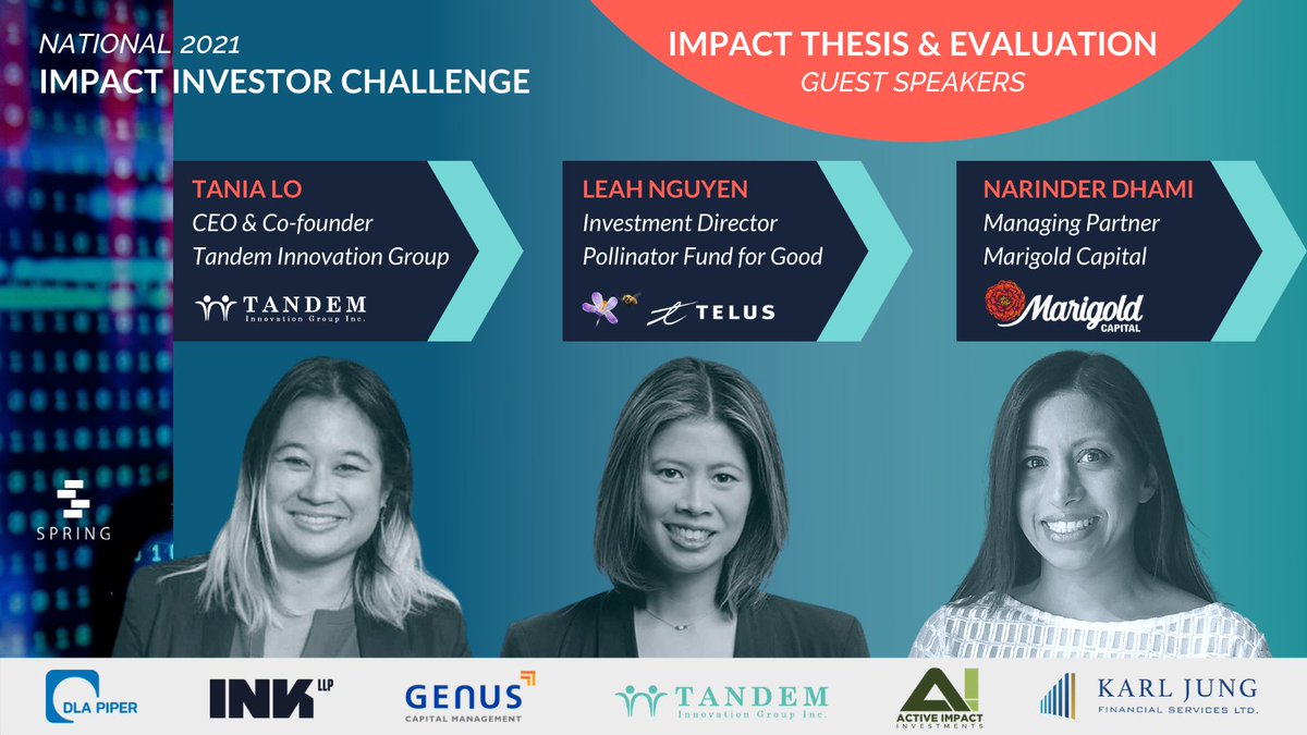 Spring (@spring_is) on Twitter photo The core portion of the National #ImpactInvestorChallenge is kicking off this Tuesday with #ImpactThesis & Evaluation, and we're excited to welcome <a href="/narinderdhami/">Narinder</a> (<a href="/MarigoldCap/">Marigold Capital</a>), Tania Lo (<a href="/tandemIG/">TANDEM</a>), and <a href="/leahinyvr/">Leah Nguyen (she/her)</a> (<a href="/TELUS/">TELUS</a>) as guest speakers! #impactinvesting #angelinvesting The core portion of the National #ImpactInvestorChallenge is kicking off this Tuesday with #ImpactThesis & Evaluation, and we're excited to welcome <a href="/narinderdhami/">Narinder</a> (<a href="/MarigoldCap/">Marigold Capital</a>), Tania Lo (<a href="/tandemIG/">TANDEM</a>), and <a href="/leahinyvr/">Leah Nguyen (she/her)</a> (<a href="/TELUS/">TELUS</a>) as guest speakers! #impactinvesting #angelinvesting
