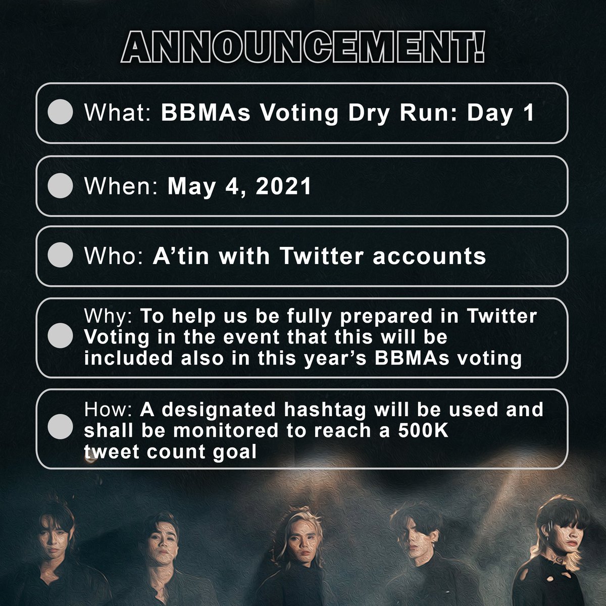 SB19UnitedAsOne's tweet photo. [ ANNOUNCEMENT ]

To gear up for BBMAs Twitter Voting, we'll have a dry run tomorrow with 500K tweet counts goal!

We will only limit 100 tweets (including RQTs and RTs) PER ACCOUNT with the designated hashtag to conform to the voting restriction.

@SB19Official #SB19 https://t.co/UxG2JROrIa