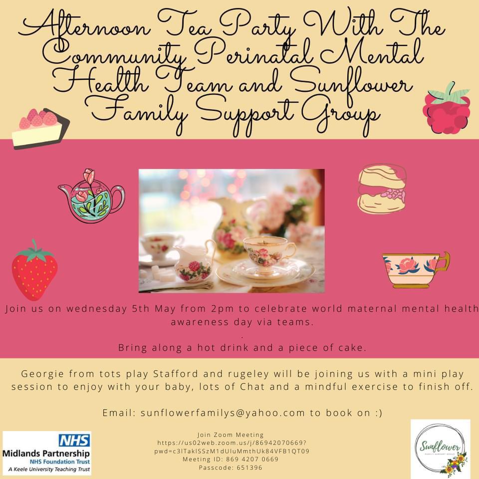 Our friends over at sunflower family support group also have a fab week of activities lined up, including a virtual afternoon tea party with the specialist perinatal CMHT on Wednesday 🌻#maternalMHmatters #mmhaw21 #MaternalMentalHealthAwarenessWeek