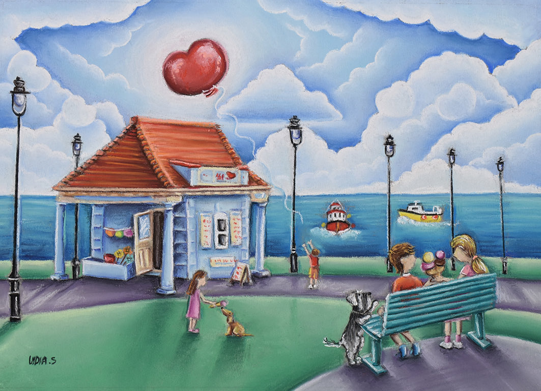 My latest artwork available from Whitby Galleries, ‘Ice cream in the sunshine’  #whitbygalleries #whitbywestcliff #whitbyart #coastalart #artforsale #claraswhitby #minitureschnauzer