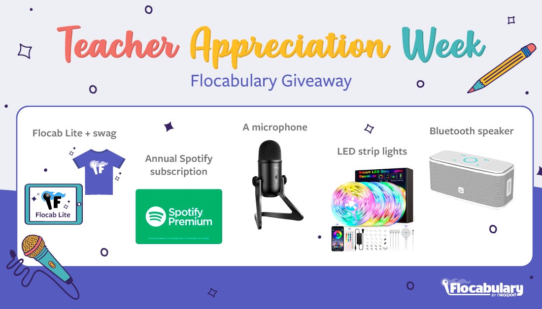 It’s #TeacherAppreciationWeek this week &amp; every week!

This week, we’re giving away:
🔥 1-year Flocab Lite + swag
🎶Annual Spotify Subscription
🎤 Microphone
💡LED classroom lights
🔊Bluetooth speaker

How to enter: Retweet &amp; comment below the reason you teach!