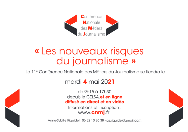 Nous sommes partenaire de la 11ème Conférence Nationale des Métiers du Journalisme qui se tiendra demain 4 mai sur le thème "les nouveaux risques du journalisme"
Pour s'inscrire : bigmarker.com/cnmj/