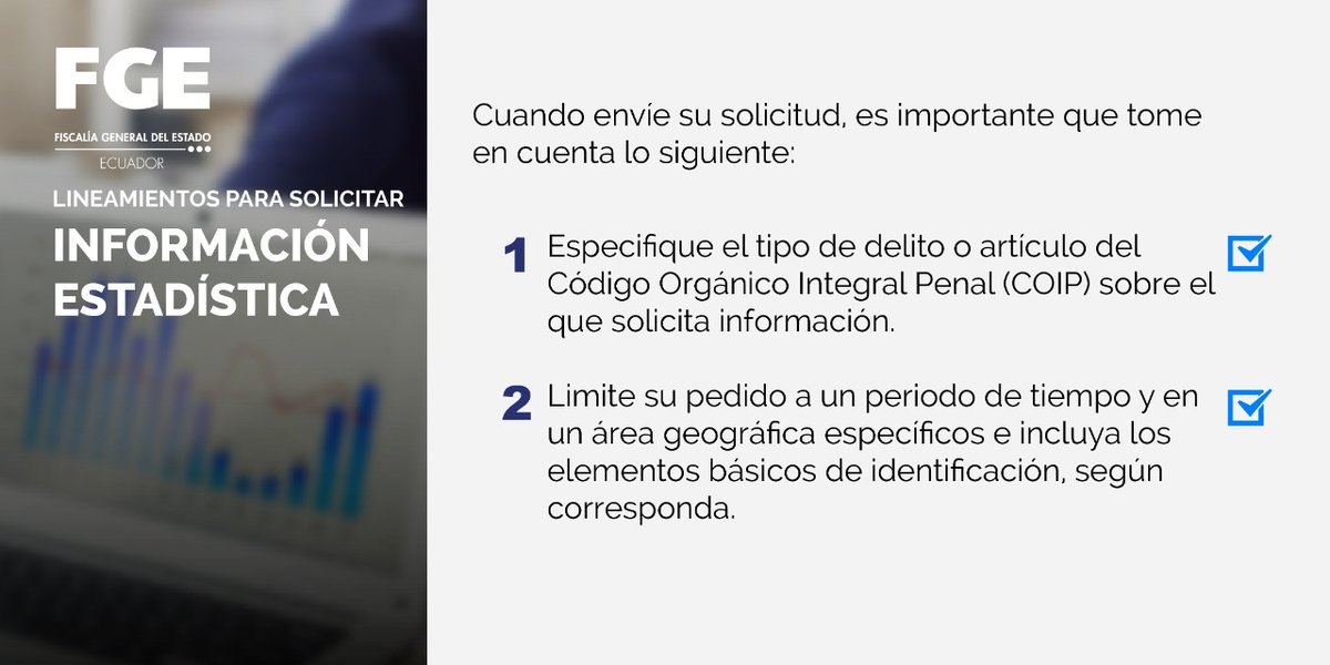 FiscaliaEcuador's tweet photo. #ATENCIÓN | Si requiere información estadística (cuantitativa) sobre causas, procesos y asuntos administrativos de #FiscalíaEc, envíe su pedido al correo: estadisticafge@fiscalia.gob.ec. Para que su solicitud sea procesada, tome en cuenta estas indicaciones ⬇️ https://t.co/WCjBl3k18D