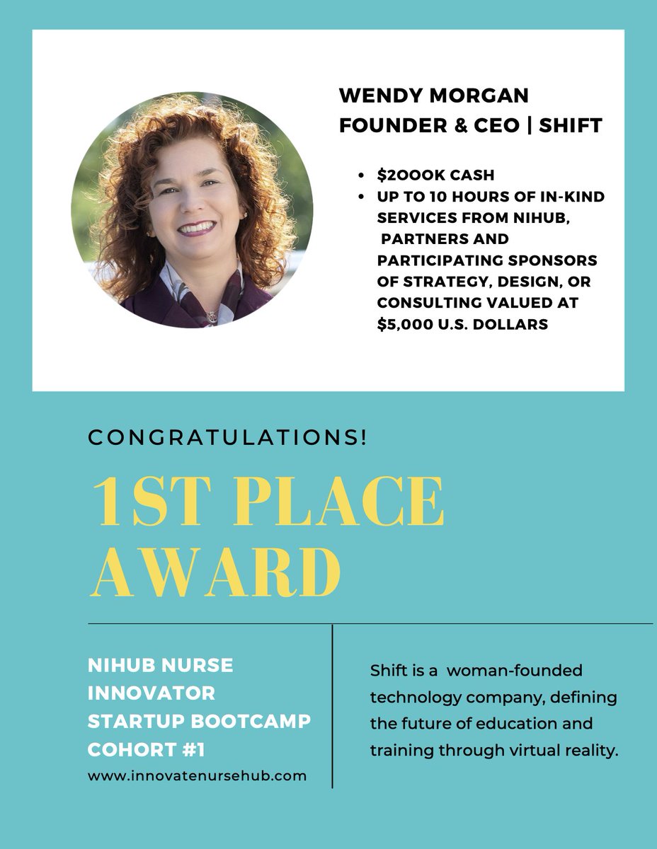 Congratulations to the 1st place #winner of the Nursing Innovation Hub (NIHUB) Nurse Innovator Startup Bootcamp Pitch Day!

Wendy Morgan, founder &amp; CEO of Shift.

Learn more at: shiftbias.com

#vrtraining #digitalhealth #healthtech #innovation #startups
