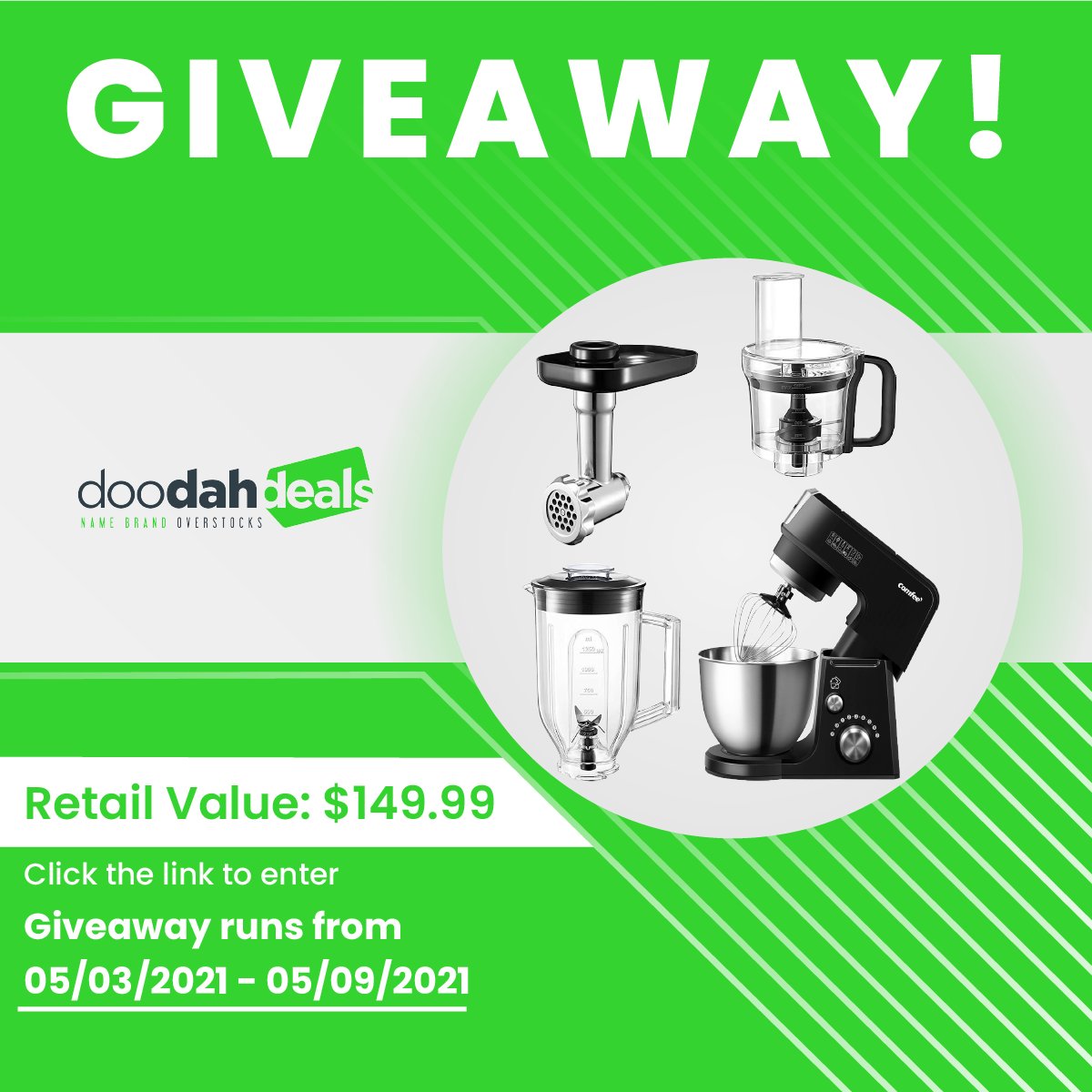 🚨New Giveaway🚨

Move over KitchenAid, enter to win a Comfee stand mixer with 6 attachments including a meat grinder and blender!

Link👇
doodahdeals.com/pages/comfee-2…

#standmixer #mixer #baking #kitchen  #planetarymixer #blender  #cooking #foodmixer #food #bakerycakemixer
