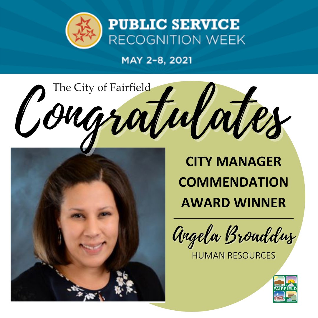 cityoffairfield's tweet photo. It's Public Service Recognition Week!
Today we acknowledge Angela Broaddus, Human Resources Manager.
Angela will be receiving a special commendation from the City Manager
Thank you for all of your hard work Angela!
#weservefairfieldca #whyiworkhere #publicservice https://t.co/Ibvpxe7Zff