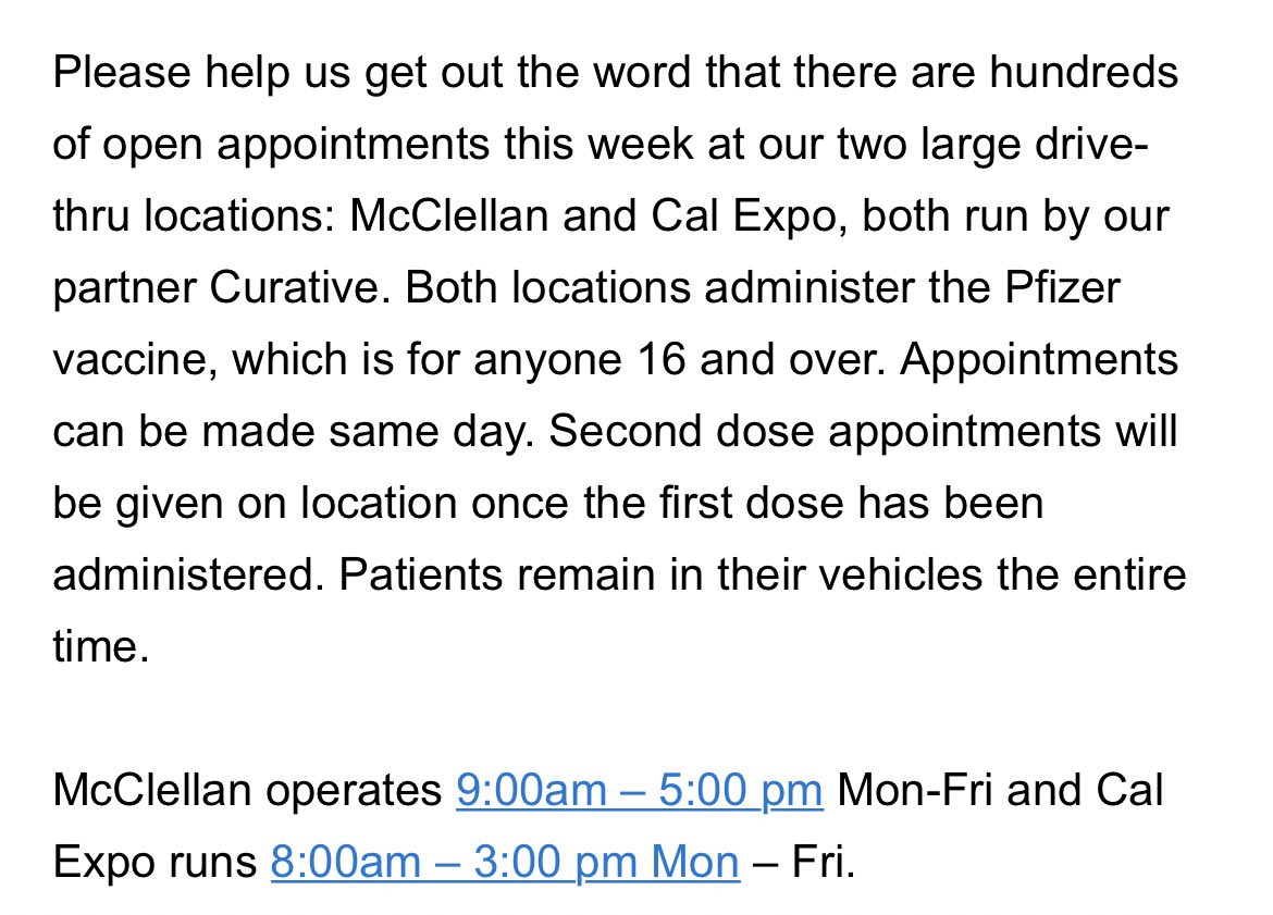 hundreds (HUNDREDS) of vaccine appointments available at the cal expo and mcclellan vaccination sites. 

sign up at myturn.ca.gov/location-select

making an appointment too long and a bit confusing? i get it. just drive up there and they'll get you a shot.