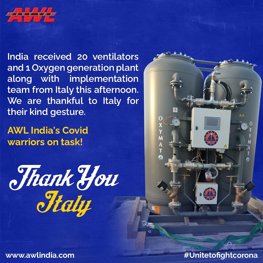 awlindia's tweet photo. India received 20 ventilators and1 Oxygen generation plant along with implementation team from Italy this afternoon.We are thankful to Italy for their kind gesture.AWL India's Covid warriors on task!
#awlindia #covid19relief #covid19india #covidhelp #italyfriendship #italysupport https://t.co/xPOIH7JoKJ