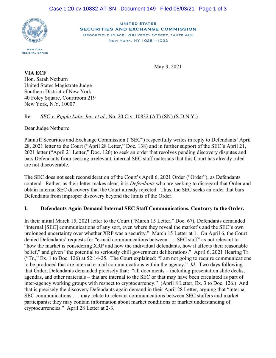 FilanLaw's tweet photo. #XRPCommunity #XRP #SEC_NEWS v. #Ripple #SEC_News files further response seeking to bar #Ripple from seeking internal #SEC_NEWS staff materials. Letter below. https://t.co/DTUWYIRCxn