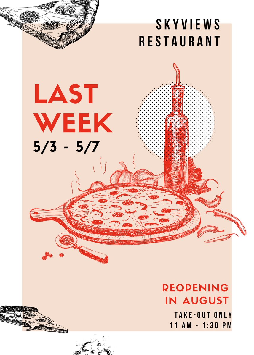 Skyviews Pizza Kitchen will be open for one more week before closing down for the summer.
This week will offer take-out service through our online ordering system. Hours will be from 11 am - 1:30 pm with pick-up being at Skyviews Restaurant

Order Now!
clover.com/online-orderin…