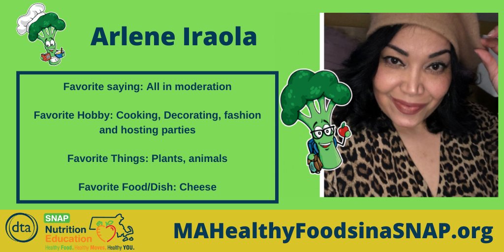 Meet Arlene Iraola. Our featured #SNAPEd Educator.

Arlene has 24 years of experience working w/ diverse groups facilitating food &amp; nutrition programs. She enjoys showing participants that they don’t have to change their culture to eat healthy. Learn more: mahealthyfoodsinasnap.org/arlene-iraola