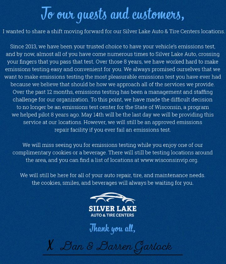 SilverLakeAuto_'s tweet photo. Hi all! As a reminder, our final day of performing emissions tests will be Friday, May 14th. Please feel free to stop in these next couple weeks if you're due for one!

Once again, we truly appreciate your understanding in our decision. https://t.co/tanxaZn1PR