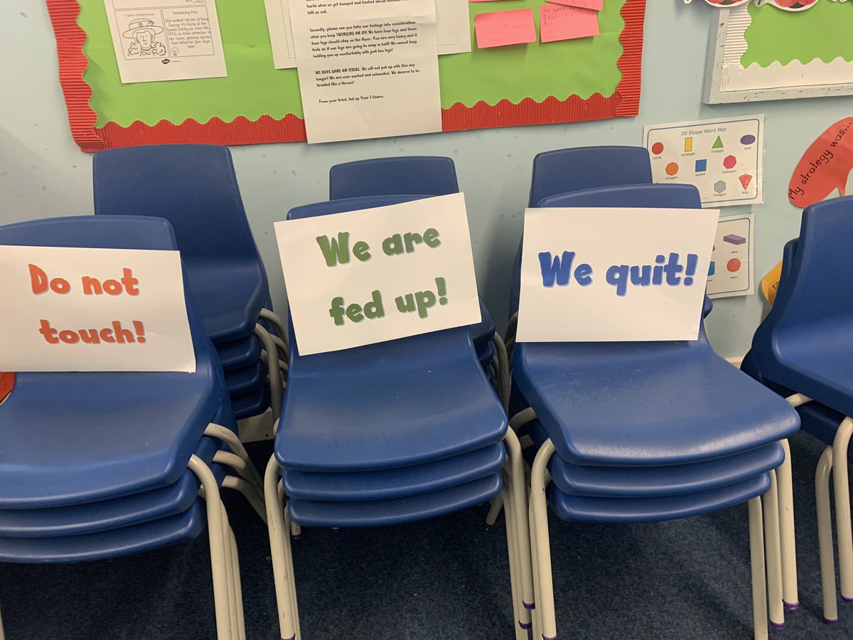 MissPreece2's tweet photo. The chairs quit! ❌  Yr 1’s loved doing all their learning on the floor and wrote some beautiful persuasive pieces to get their chairs back. 😂 https://t.co/pbkCuDTIxn
