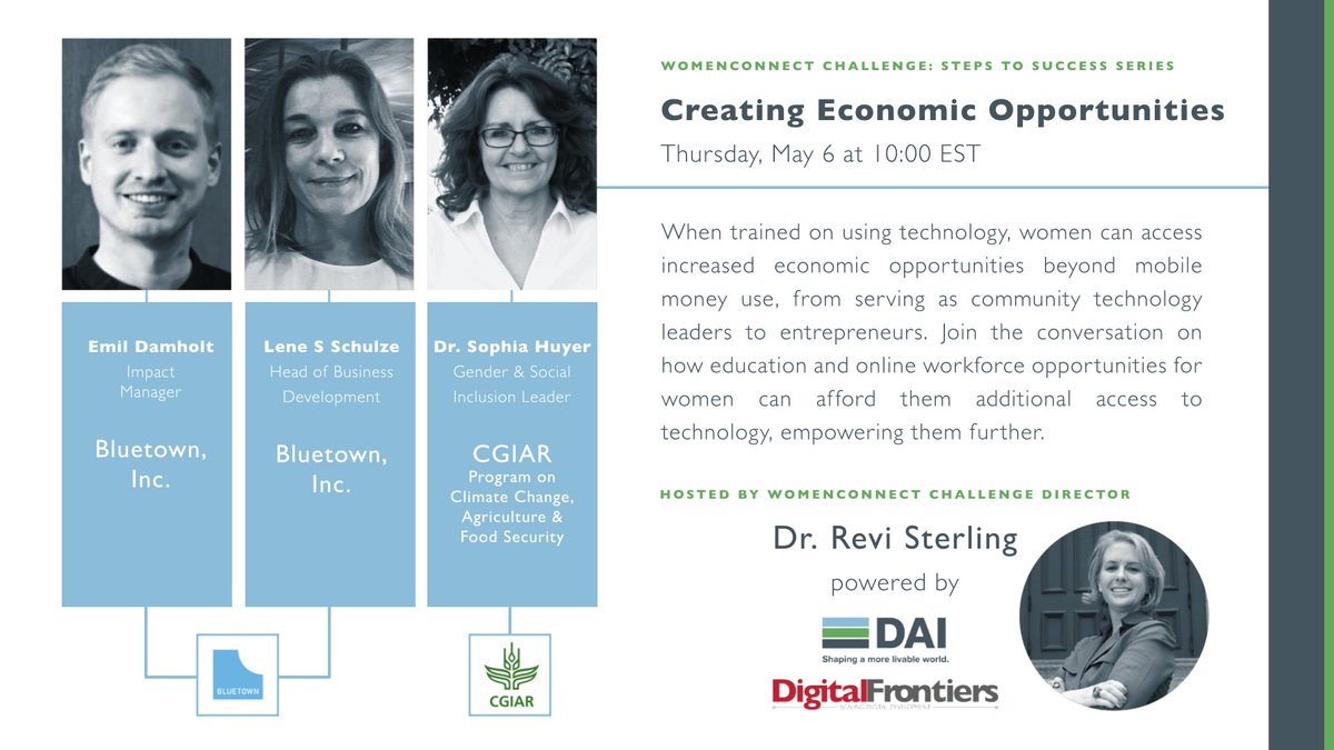 #WomenConnect Challenge Steps to Success Webinar Series starts this week. This week’s topic is on Creating Economic Opportunities w/ guests <a href="/bluetownwifi/">BLUETOWN</a>, <a href="/lsjorslev/">Lene Schulze</a> &amp;amp; <a href="/sophiahuyer/">Sophia Huyer</a>
Join us Thur 10 EST!
Link: app.livestream.co/dai/success
