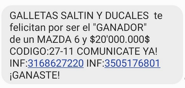 colCERT's tweet photo. ¡Alerta! mensajes fraudulentos con supuesto premio a nombre de @SaltinNoelCol están siendo enviados a través de SMS #smishing "recomendamos eliminarlos, bloquear estos números y no realizar la llamada para evitar cualquier tipo de estafa" @CaiVirtual @mindefensa @Ministerio_TIC https://t.co/eXy0CXaqXz