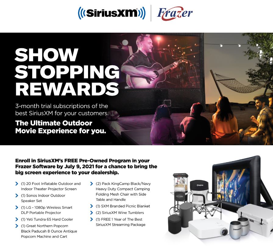CLICK frazer.com/siriusxm for how to join the <a href="/SIRIUSXM/">SiriusXM</a> #preowned program for FREE and your chance to win THE #ULTIMATE OUTDOOR #MOVIETHEATER #SWEEPSTAKES before 7/9/21!