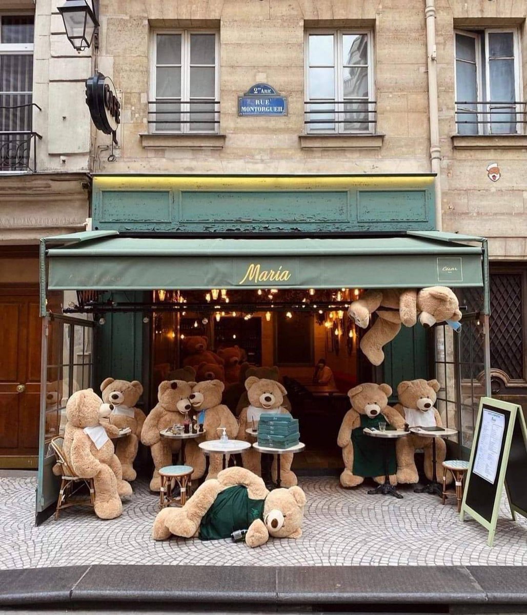 So cool 😎 the cafés in Paris, bears 🐻 sat until people can return on the 19th May ☕️ 🐾🐾 #reopening #confinement3 #Paris #Bears #dogsoftwitter #dogs