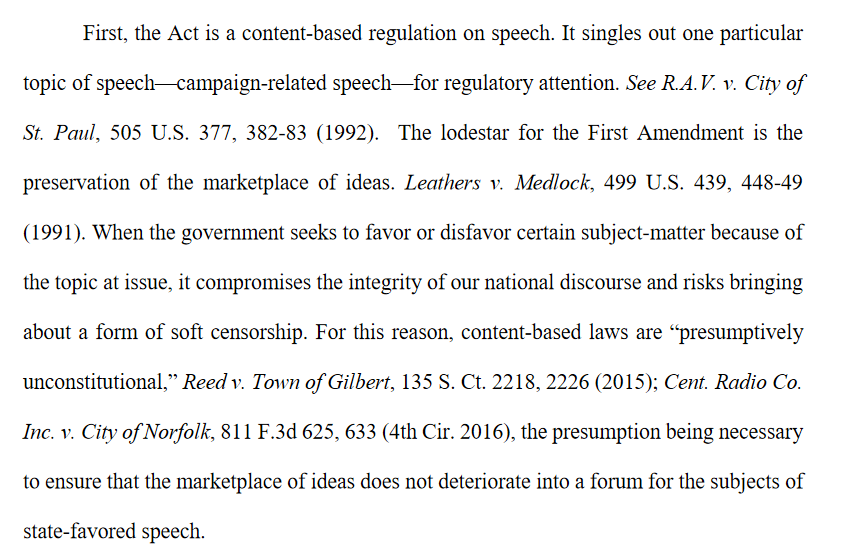 9/ The 4th Circuit opinion called the Maryland bill a "compendium of traditional First Amendment infirmities," eviscerating it for being a content-based regulation and compelling speech:  https://www.ca4.uscourts.gov/opinions/191132.P.pdf