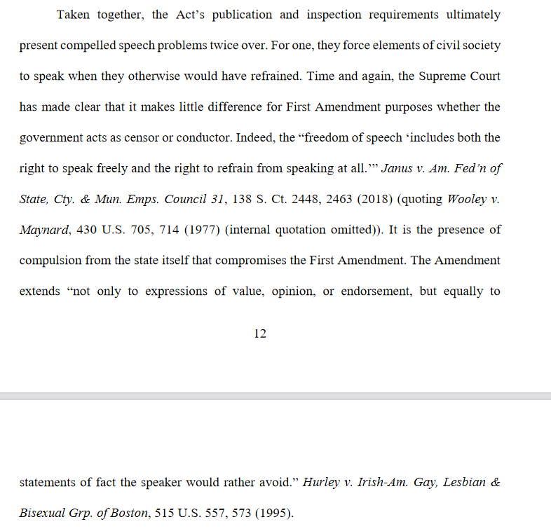 9/ The 4th Circuit opinion called the Maryland bill a "compendium of traditional First Amendment infirmities," eviscerating it for being a content-based regulation and compelling speech:  https://www.ca4.uscourts.gov/opinions/191132.P.pdf