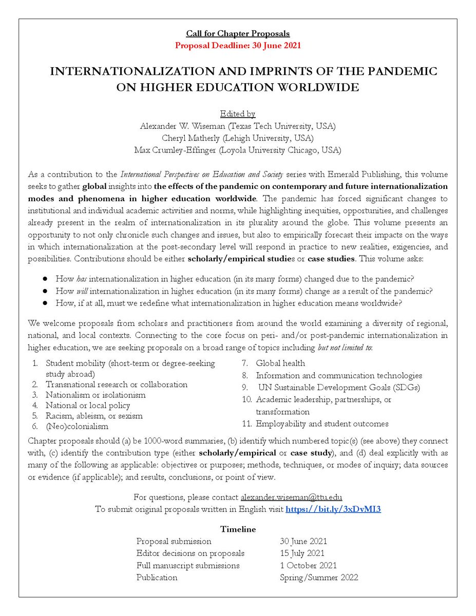 How will #internationalization in #highereducation (in its many forms) change as a result of the #pandemic ?

Seeking empirical forecasts of the ways in which internationalization at the post-secondary level will respond to the pandemic.

Proposal deadline: 30 June 2021