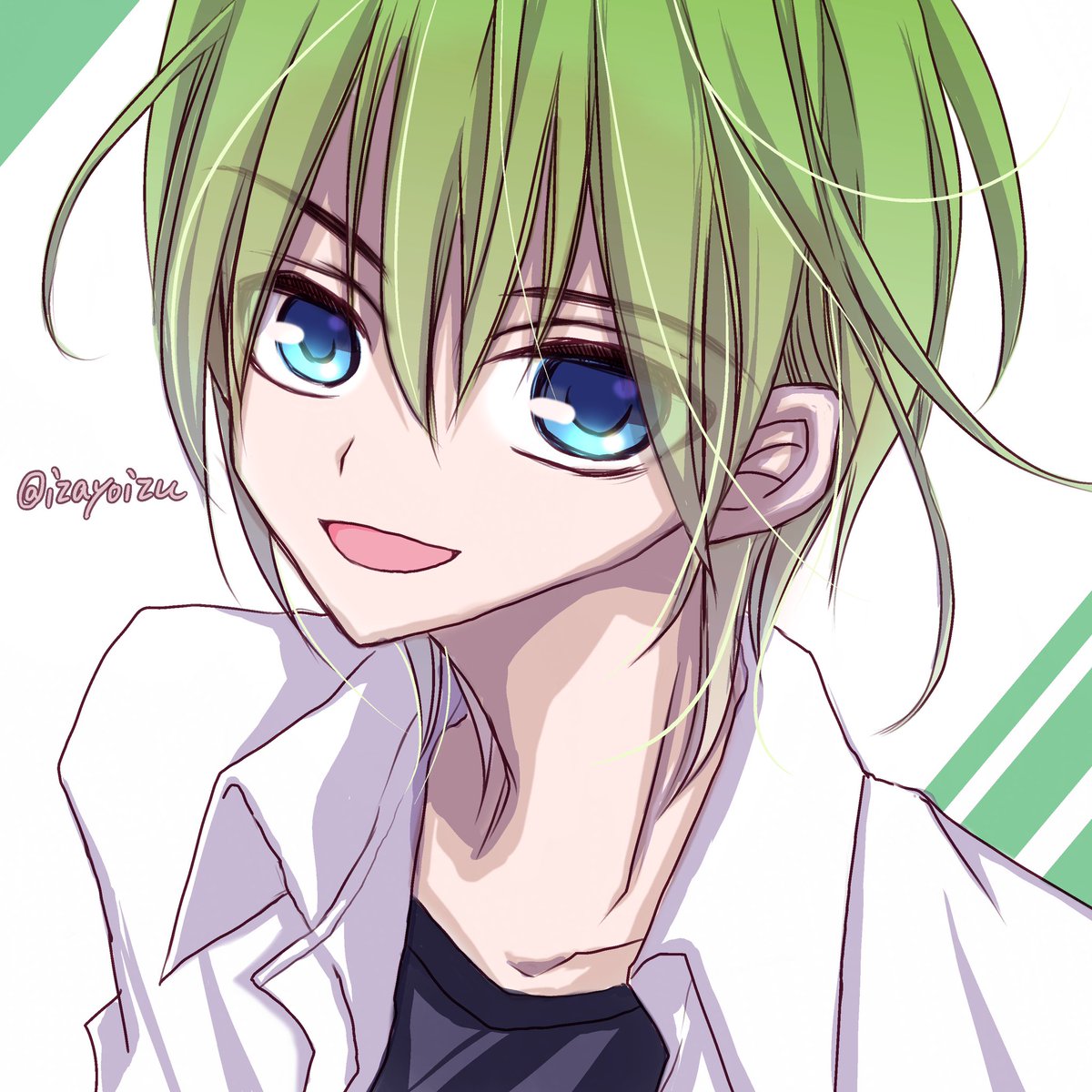 solo 1boy blue eyes male focus shirt smile green hair  illustration images