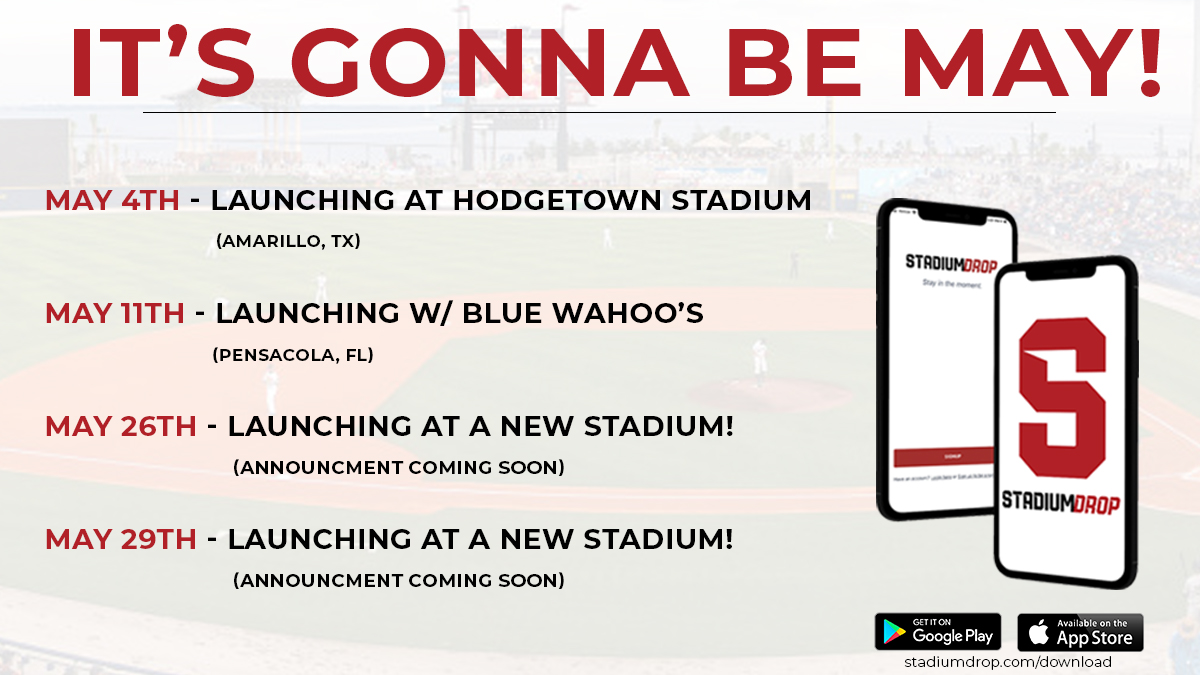Who’s excited about May?! StadiumDrop will be launching at FOUR new stadiums and serving at 31 events! #stayinthemoment #stadiumdrop #bluewahoos #milb #sodpoodles

RT to celebrate with us!
