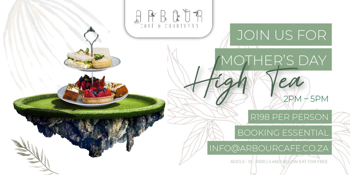 Spoil mom this mother's day and book a table for High Tea.
Booking essential: info@arbourcafe.co.za
R198 per person | Ages 5 to 10 - R100 | 4 and below are free.

#MothersDay #SpoilMom #HighTea #ArbourDelicious #BookNow