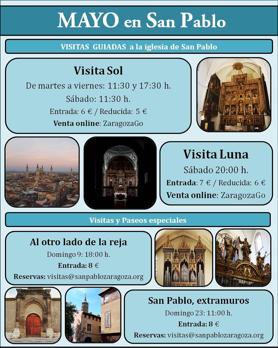 Este mes de mayo la Iglesia de San Pablo te propone varias visitas guiadas 👉

☀️  Visita Sol
🌙  Visita Luna
🎶🎵🎶  Al otro lado de la reja.
⛪ San Pablo, extramuros. 

Más información  📧 visitas@sanpablozaragoza.org 

#ZGZtequiereInspirar  <a href="/ZaragozaGo_/">ZaragozaGo</a>