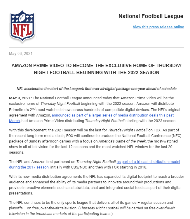 Thursday Night Football Moves to Amazon Prime in 14  Big Blue