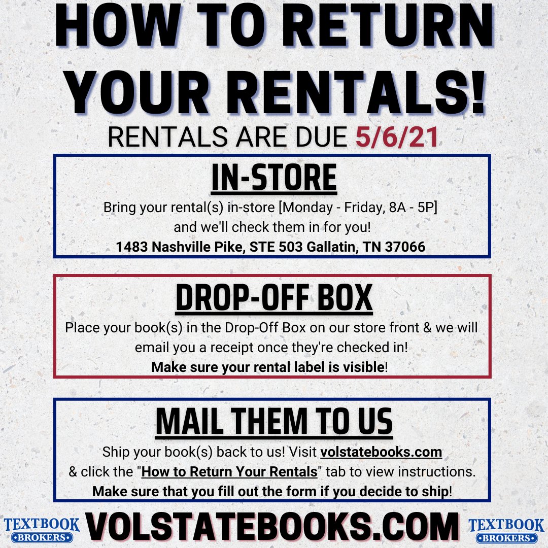 VOLSTATEBOOKS's tweet photo. 🚨Good Luck on Finals!🚨

Rentals are due by May 6th📚 

Any questions? Send us a DM, give us a call, or send us an email @ vsccbooks@yahoo.com! 😊 https://t.co/VEPfMJgDCl