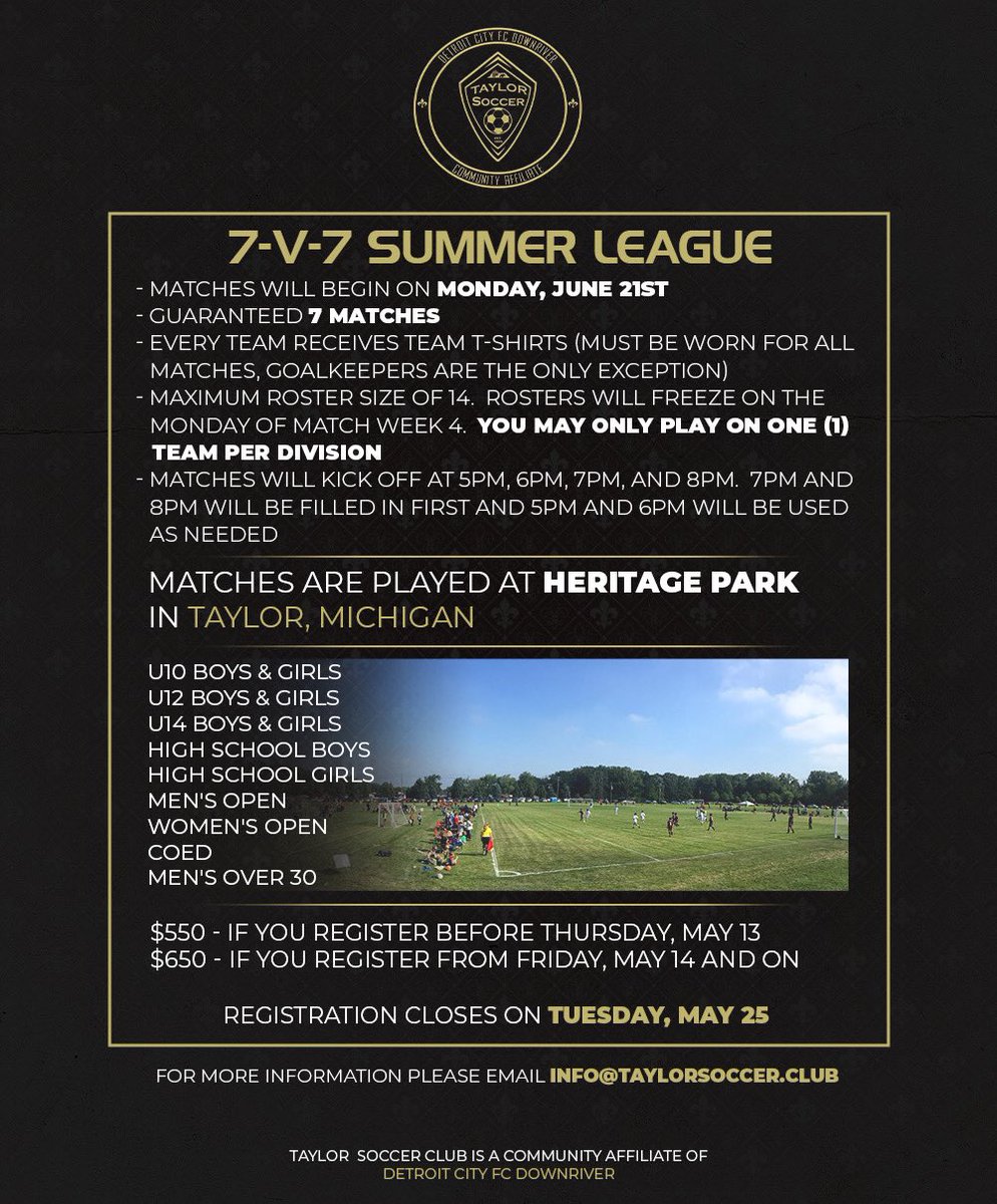 TaylorSC1985's tweet image. 🏆⚽ 2021 Downriver 7v7 Summer League ⚽🏆

Now is your chance to register your team!

Register today at... docs.google.com/forms/d/e/1FAI…