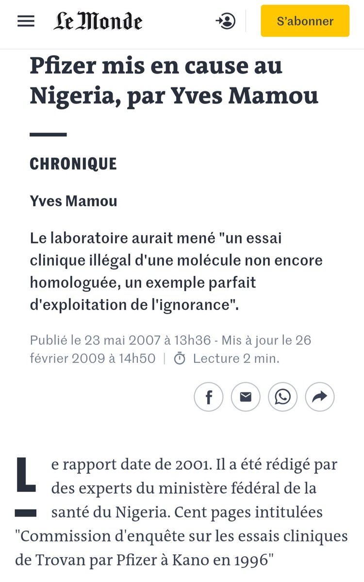 En 2007, le groupe pharmaceutique américain Pfizer avait effectué au Nigeria des essais illégaux de médicaments qui ont tué ou handicapé des enfants.