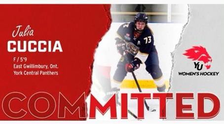 The Central York Panthers would like to congratulate our 2019-20 
Assistant Captain Julia Cuccia on her commitment to USports OUA
York University Lions women's hockey.
