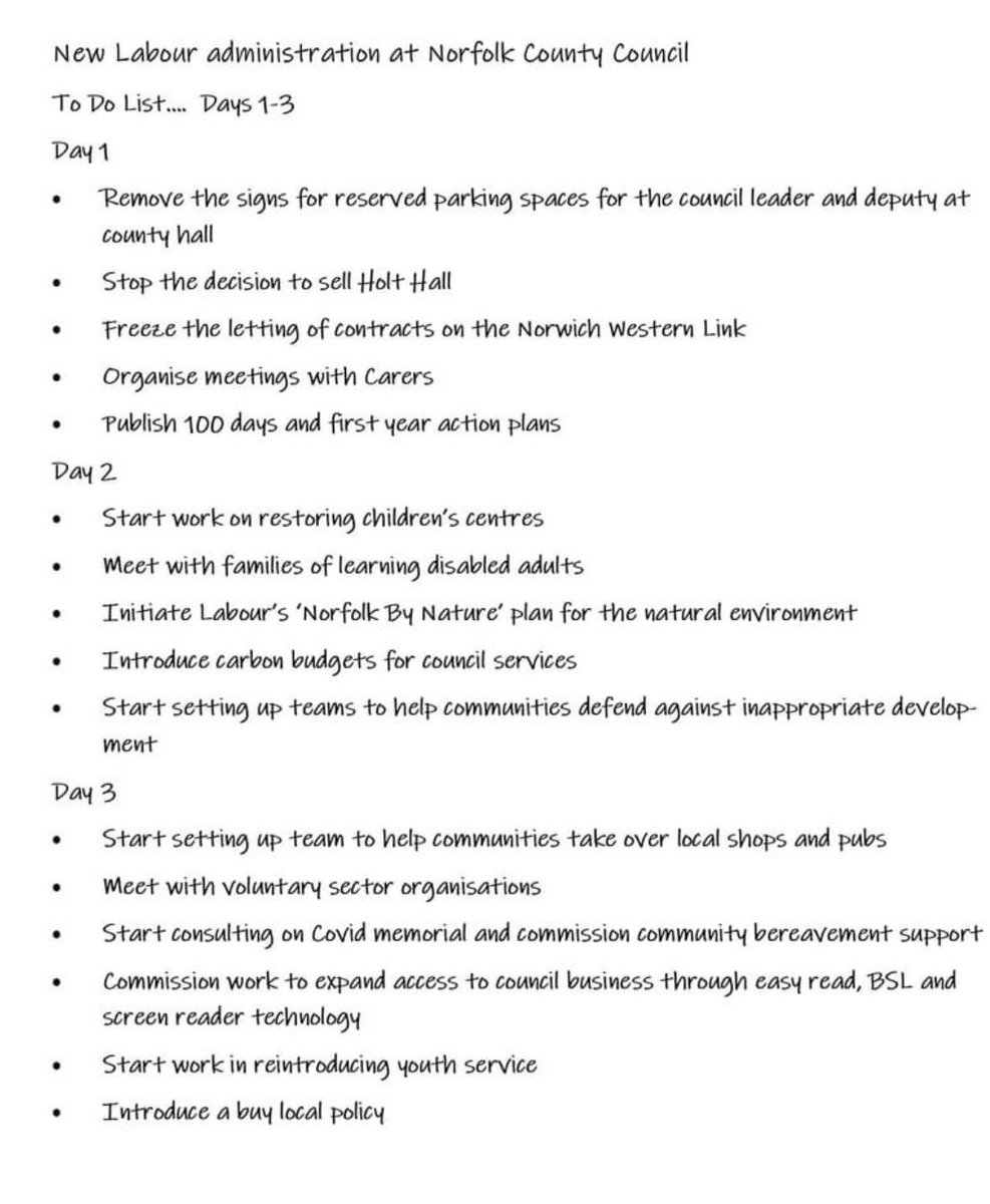 NorfolkLabourCC's tweet photo. We never take Norfolk for granted but in answer to the question what would a Labour run Norfolk County Council do, our manifesto for four years is at https://t.co/9esus9jds2. Here’s our latest to do list for Days 1-3.

#NorfolkDeservesBetter https://t.co/gbsdyvPZle