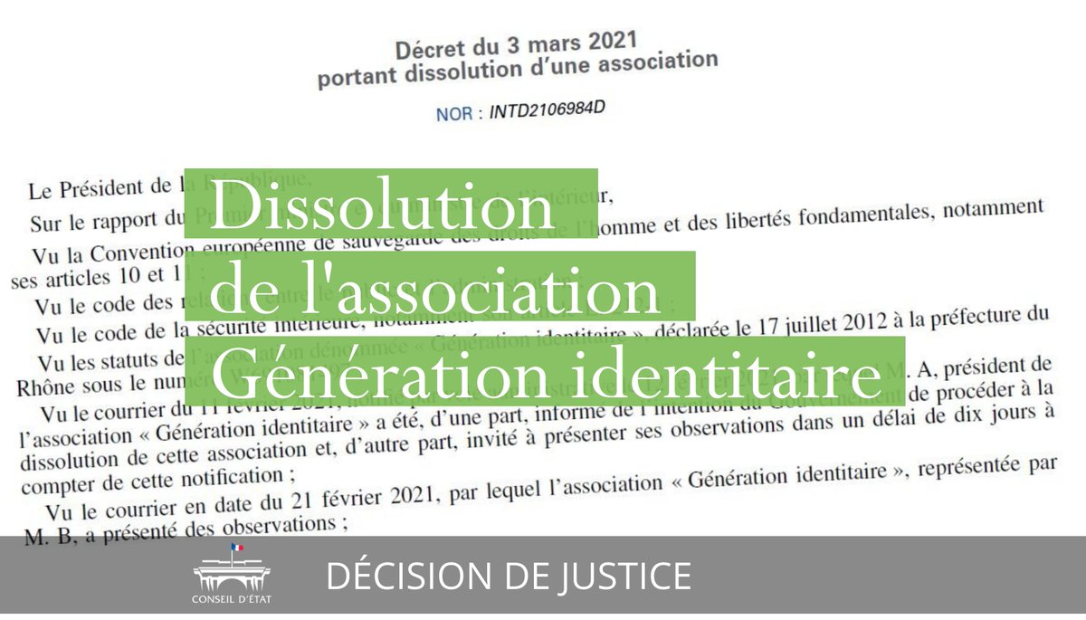 Conseil_Etat's tweet photo. ⚖ Le Conseil d’État ne suspend pas la dissolution de l’association Génération identitaire

👉 Elle promeut une idéologie incitant à la haine et à la violence

👉 et peut être identifiée comme une formation paramilitaire

➡ https://t.co/6AWVCGEorV https://t.co/XZ5Yaquze1