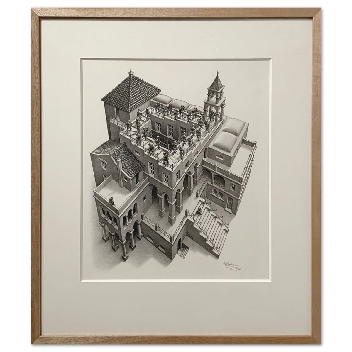 "Ascending and Descending #435 (1960)"- 11" W x 14" H framed lithograph by M.C. Escher is available to collect at Morton Contemporary. 
For a limited time only, we are exhibiting original works by Escher. Call (215-735-2800) or email Debbie@MortonContemporary.com for more info.