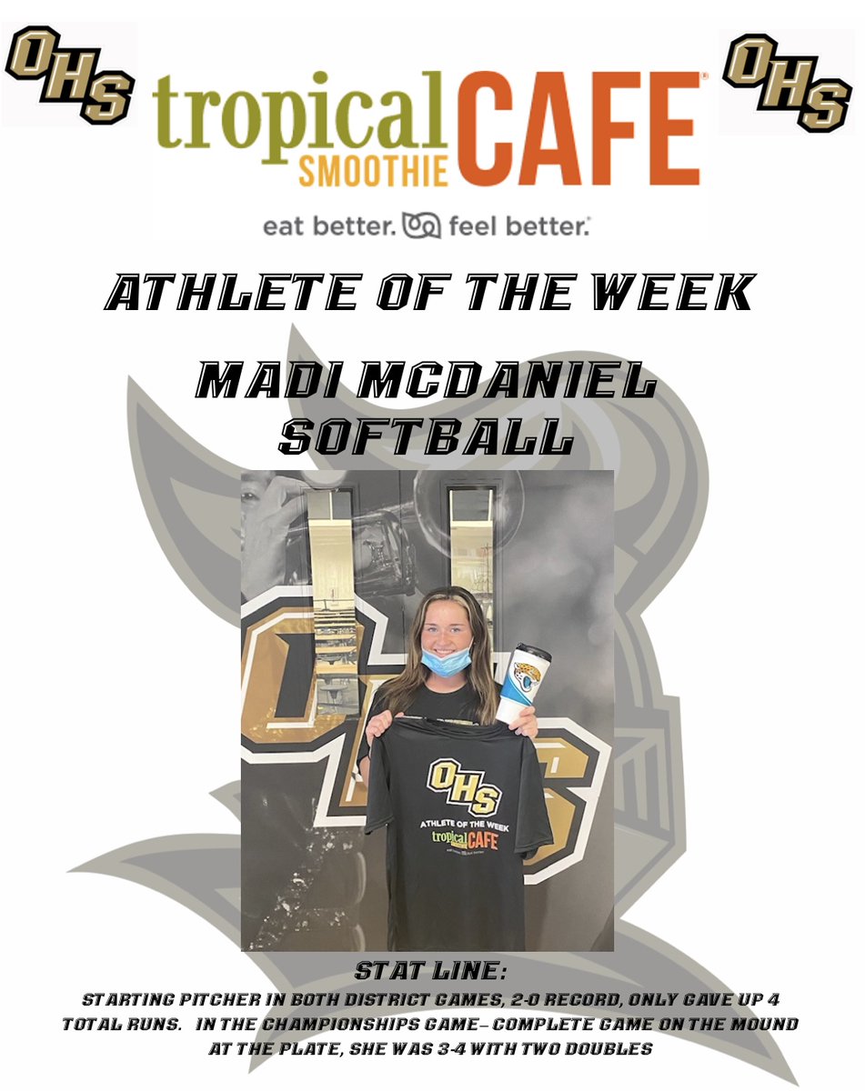 Oakleaf_Ath's tweet photo. Congrats to our @TSCNorthFlorida Athlete of the Week, Madi McDaniel. Part of the District Championship softball team. @madimcd https://t.co/bxjdWVsp4z