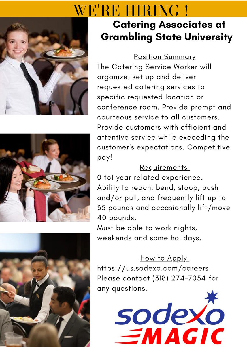 Were hiring catering associates! Apply at us.sodexo.com/careers and contact 318-274-7054 with any questions!