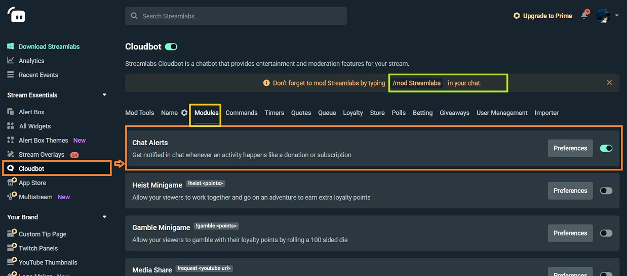 Un119 ゆーえぬ Nm7a6u3 私はstreamlabsのcloudbotでチャット欄に表示するようにしてました Webページ上で設定を有効にして 自分twitchのchat欄で Mod Streamlabsを打ってモデレータ設定を行うと コメントとして表示されます ただ 私は通常obs