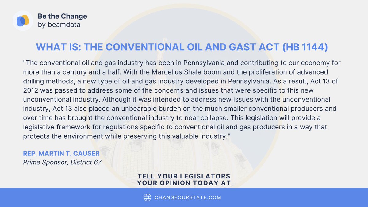 beamdata's tweet image. Spotlight on HB 1144 or the Conventional Oil and Gas Act prime sponsored by Rep. Martin Causer. HB 1144 will be voted on in the Environmental Resources and Energy Committee this week on May 4th. Checkout the spotlight and give your input at ChangeOurState.com!