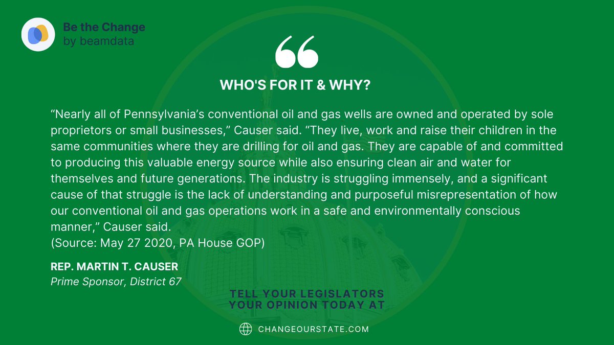 beamdata's tweet image. Spotlight on HB 1144 or the Conventional Oil and Gas Act prime sponsored by Rep. Martin Causer. HB 1144 will be voted on in the Environmental Resources and Energy Committee this week on May 4th. Checkout the spotlight and give your input at ChangeOurState.com!
