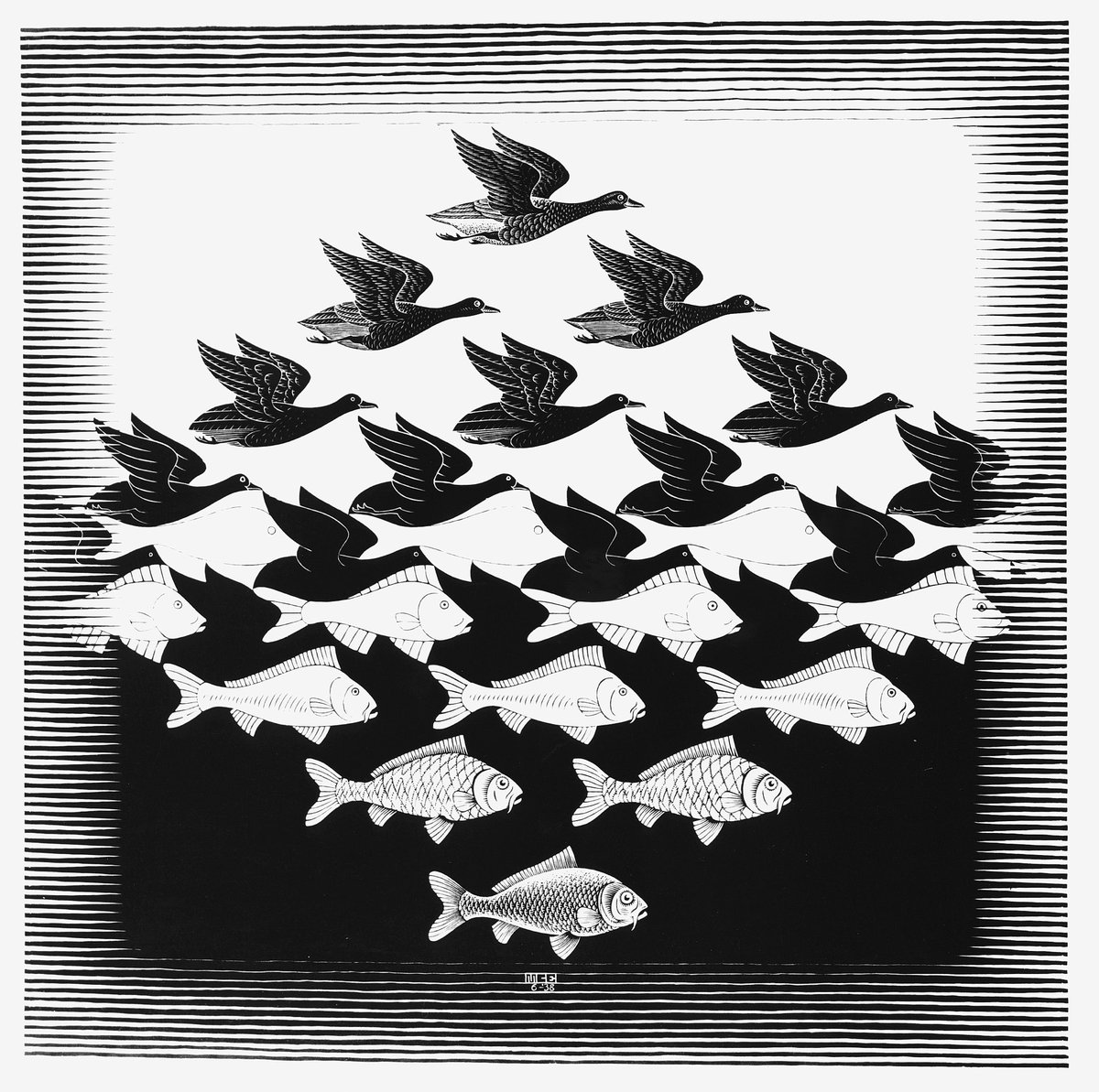 129/ « Les effets qui apparaissent quand quelque chose devient plat sont inspirés de l'art de Maurits Cornelis Escher. Dessiner ses attaques était difficile... Je devais m'assurer que les dessins se rejoignent parfaitement. »- Araki à propos du stand Enigma (JOJOVELLER).