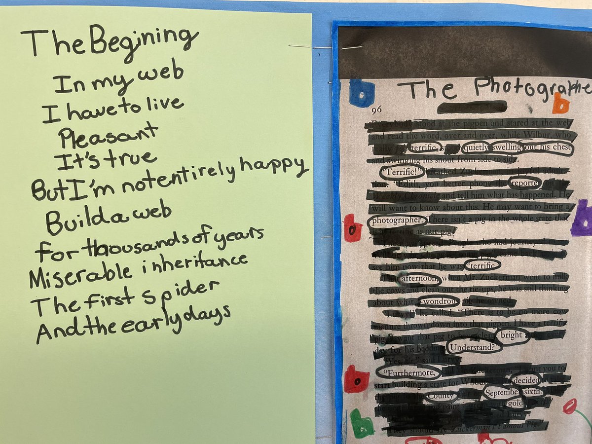 MiriamStoller's tweet photo. Tried Blackout Poetry with Grade 4.  What a great activity. Lots of choice and critical thinking. And the results are pretty awesome. #grade4 #poetry #criticalthinking #funincovidtimes https://t.co/S0fyOrYQbU