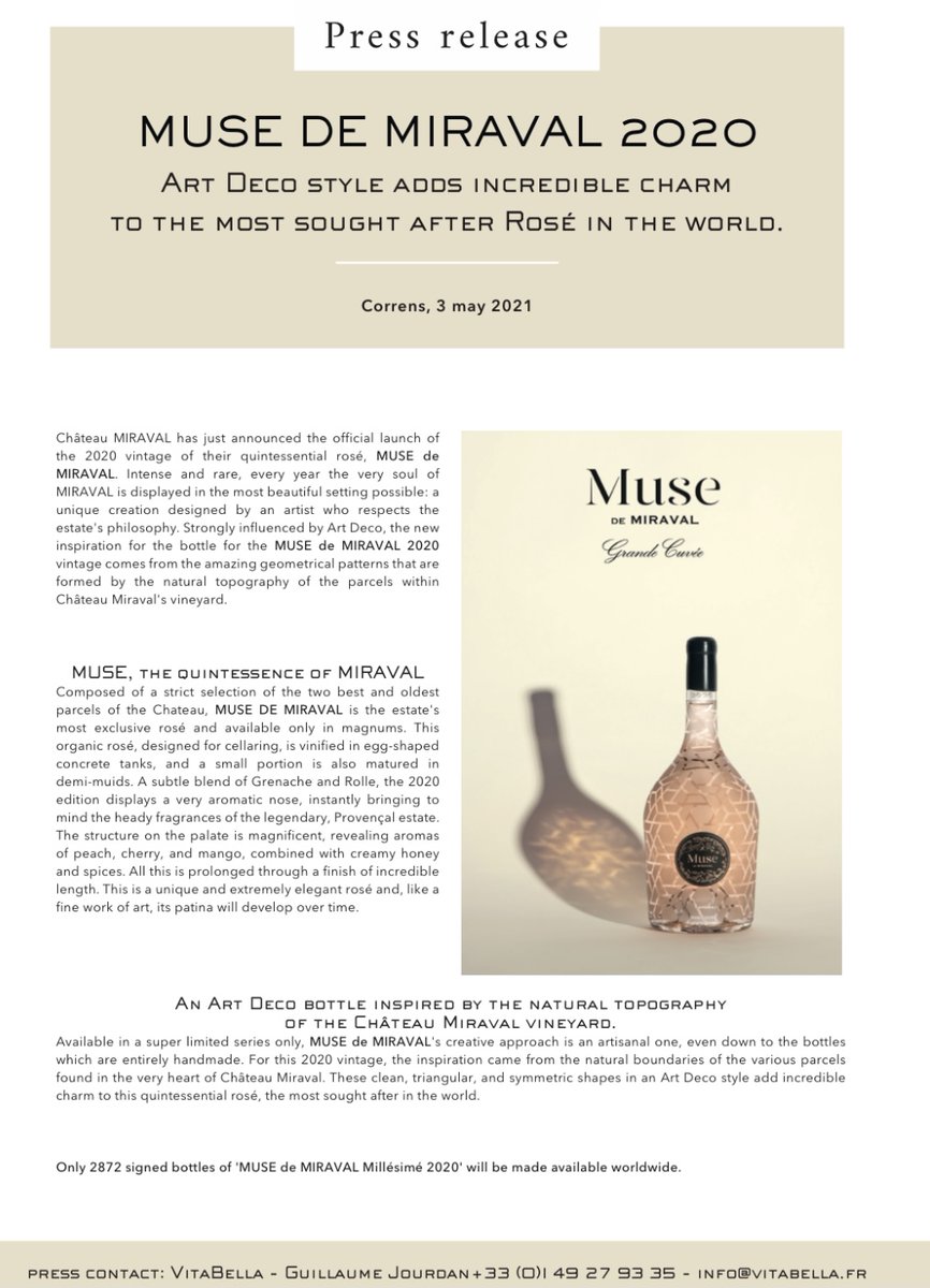 ブラピのロゼの最高峰『Muse de Miraval2020』  2回目のリリースとなる2020年VT、Chミラヴァルのぶどう園の自然の地形にインスパイアされたアールデコ調のデザイン。職人の手によるボトルは限定2872本、マグナムのみ生産。日本には夏頃入荷予定　#Miraval #MusedeMiraval2020 <a href="/VitaBellaWine/">Vitabella</a> #rose