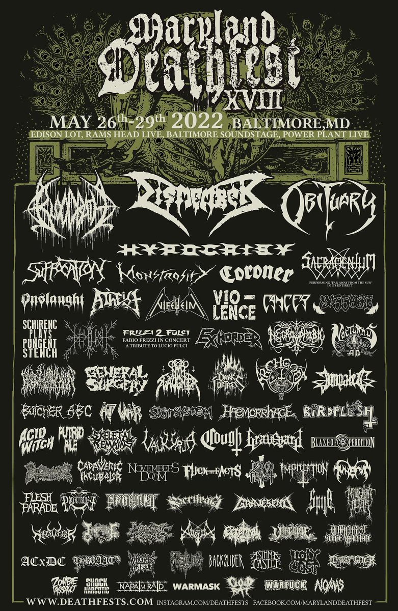 Check out the updated lineup for MDF 2022!
More bands are still TBA!
4-day passes on sale here:
eventbrite.com/e/maryland-dea…
#marylanddeathfest #deathfest #deathmetal #blackmetal #thrashmetal #grindcore