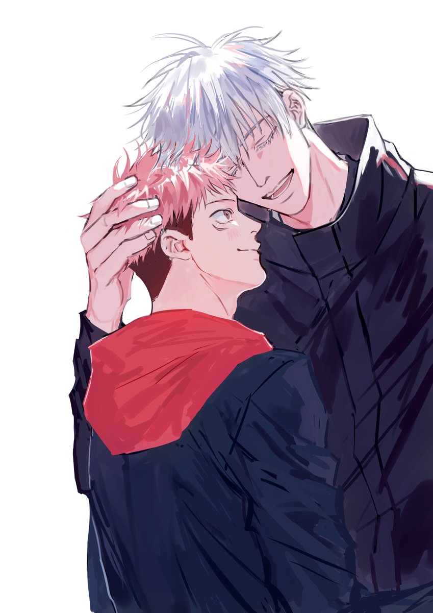 gojou satoru ,itadori yuuji multiple boys 2boys male focus short hair smile white hair jacket  illustration images